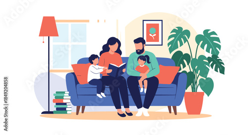 Happy family with two children sitting together on a cozy sofa while the mother reads a storybook aloud in the living room.