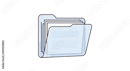 Blue transparent file folder icon containing several paper documents for organizing data and information on a white background.