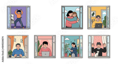 Diverse set of neighbors seen through their windows engaged in various home activities like singing working hugging and relaxing.