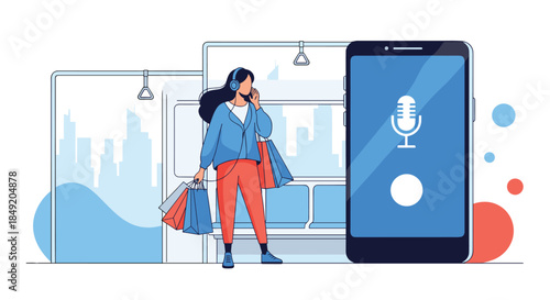 Woman using a voice assistant on her smartphone while listening to music with headphones and carrying shopping bags on a subway.