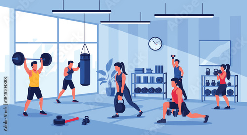 Group of athletic men and women exercising in a modern gym with various equipment like barbells dumbbells and a punching bag.