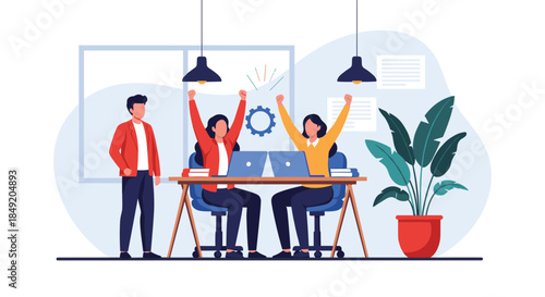 Two happy businesswomen celebrating a successful project by raising their arms in victory at their office desk with a male colleague.