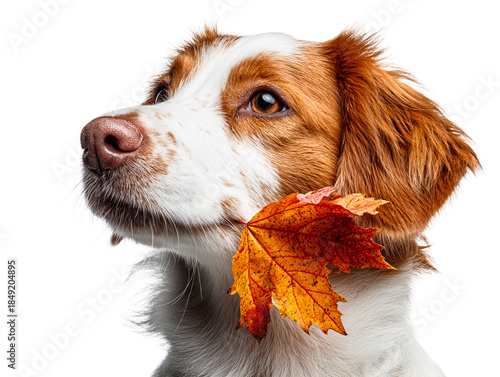 Brittany Spaniel Puppy Holding Autumn Leaf In Mouth
