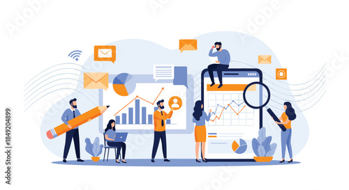 Business team collaborating on data analysis and market research using charts graphs and mobile devices for strategic planning.