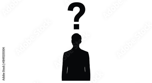 A stark black question mark hovers above the head of a human form silhouette