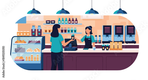 Female barista in an apron serving a cup of coffee to a woman customer at the counter of a modern and cozy coffee shop.