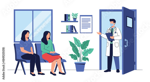 Male doctor wearing a face mask and stethoscope invites two female patients into his office from the hospital waiting room.