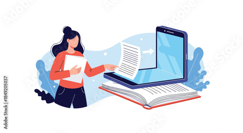 Concept of digitizing documents and e-learning with a woman scanning a paper file that transfers to a laptop on an open book.
