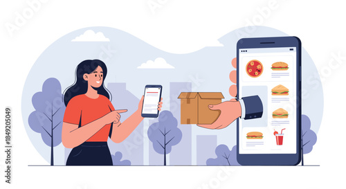 Young woman using a mobile app on her smartphone to order food for online delivery with a courier's hand holding a food box.