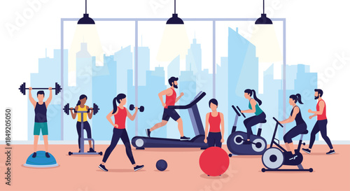 Diverse group of active people exercising in a modern gym with a panoramic city view using various fitness equipment for health.