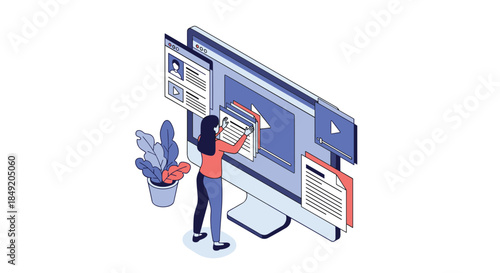 Isometric illustration of a woman managing and organizing digital files and documents on a large computer screen for workflow.