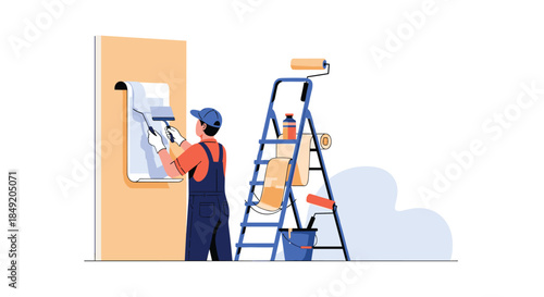 Professional worker in uniform applying new wallpaper to a wall during a home renovation or redecoration project with tools.