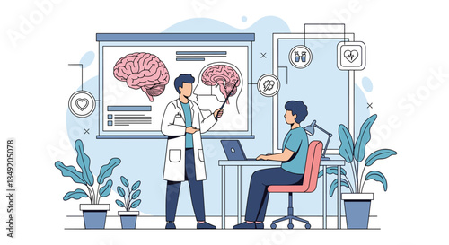 Male doctor or neurologist explaining the anatomy of the human brain to a patient using a large diagram in a medical office.