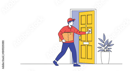 Courier or delivery man in a red cap holding a cardboard box package and ringing the doorbell of a customer's front door.