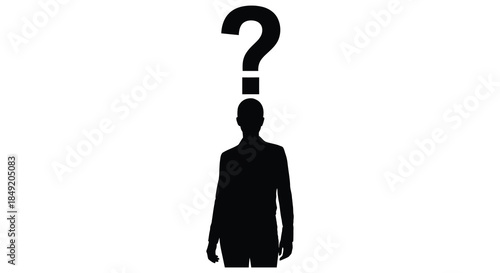 A stark black silhouette of a person positioned beneath a large question mark silhouette