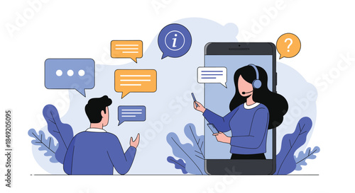 Female customer service agent with a headset providing online assistance to a male customer from a smartphone screen with chats.