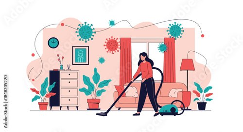 Woman cleaning and disinfecting her living room with a vacuum cleaner to protect her home from floating coronavirus particles.