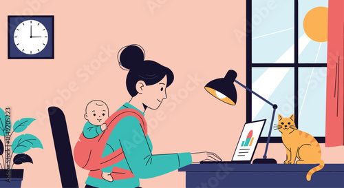 Working mother with a baby in a sling carrier multitasks by working on her laptop at a home office with a cat nearby.