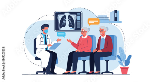 Doctor in a face mask discussing a lung x-ray with an elderly couple providing a medical diagnosis and consultation in a clinic.