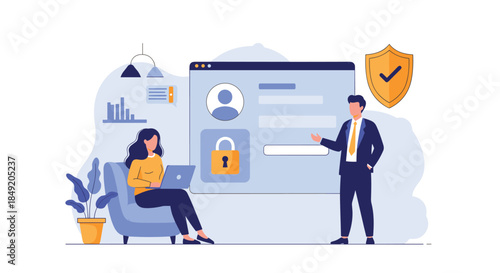 Business professionals discussing account security and data protection in front of a large user login interface with a security shield.