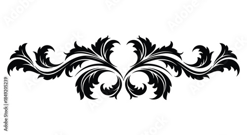 ornate floral design with symmetrical curves and swirling patterns presented as a silhouette