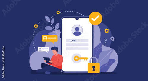 Young man using a tablet for two-factor authentication to securely log in to his account on a large smartphone screen.