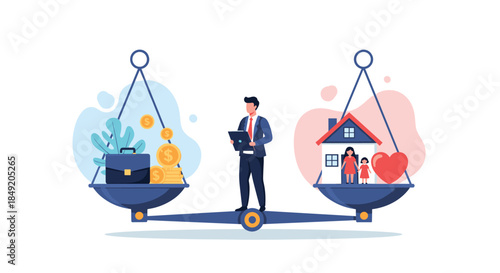 Businessman standing on a large scale trying to find a balance between his career with money and his family life at home.