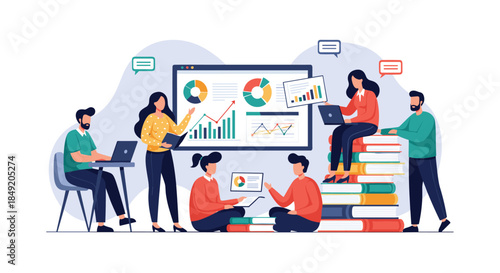 Group of students or business professionals collaborating and studying data analytics using laptops and charts while sitting on books.