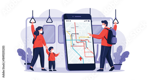 Family wearing face masks using a subway map application on a large smartphone to navigate the city's public transport system.