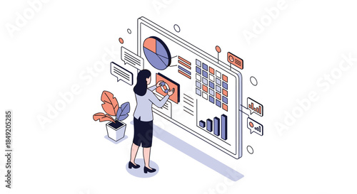 Isometric illustration of a businesswoman analyzing data on a large interactive dashboard with charts for business intelligence.
