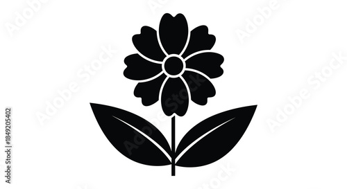 a simple black flower graphic with two leaves below presented as a striking silhouette