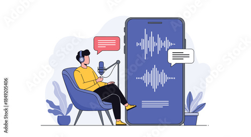 Young man with headphones recording a podcast or sending a voice message with a microphone showing sound waves on a smartphone.