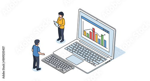 Isometric illustration of two businessmen analyzing a financial bar chart on a giant laptop screen for business data analysis.