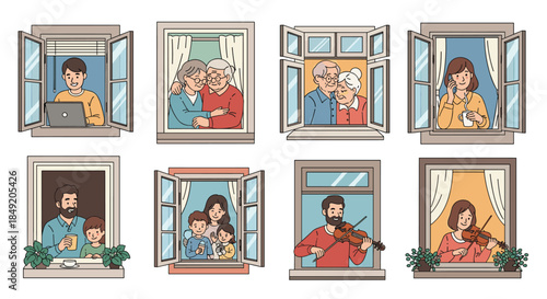 Collection of diverse people and families looking out of their open windows representing community life and activities at home.
