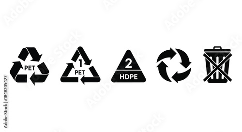 A collection of recycling symbols showing pet hdpe and waste disposal as a silhouette