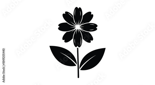 A striking black flower with leaves and a slender stem presented as a silhouette