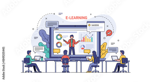 Flat concept illustration of students attending an e-learning webinar with a teacher presenting on a giant laptop screen.
