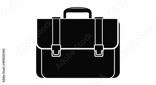 A classic black briefcase with prominent straps and a handle presented as a striking silhouette