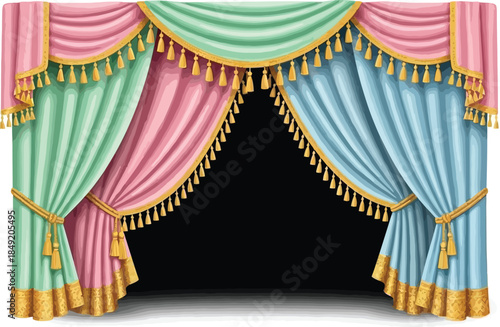 Vintage Theater Stage Curtains with Elegant Pastel Drapery and Gold Tassels.