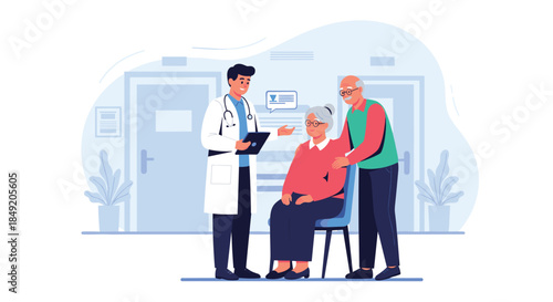 Male doctor discussing a diagnosis with an elderly couple in a hospital hallway using a digital tablet for information.