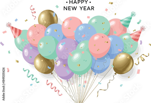 Festive Colorful Balloons Celebrating New Year's Eve with Confetti and Streamers.