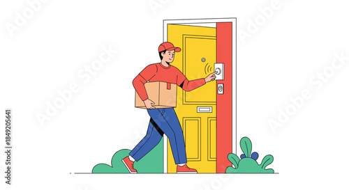 Delivery man holding a cardboard package and ringing the doorbell to deliver an online order directly to a customer's home.