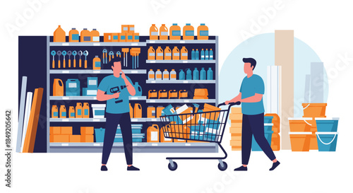 Two men shopping for tools and supplies in a hardware store with one man pushing a cart and another examining a drill.