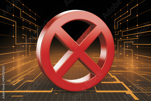 Red Prohibition Symbol on Futuristic Digital Technology Background