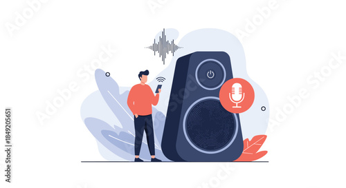 Man using a smartphone to control a large smart speaker with voice assistant technology for playing music and commands.