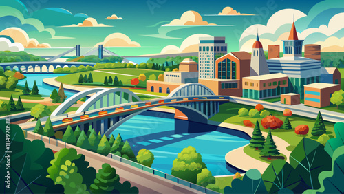 Very beautiful aerial view of a bridge over the Fox River in Green Bay, Wisconsin, combining urban architecture, flowing water, sunlight, clouds, and transportation infrastructure within scenic surrou