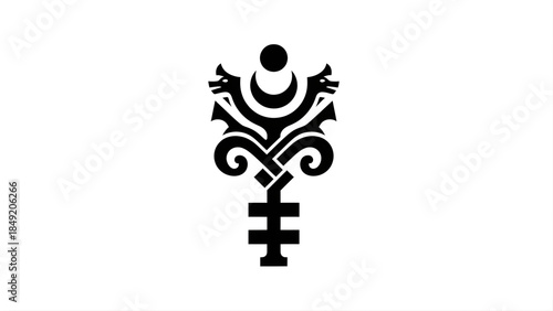 Symbolic abstract art piece with crescent moon and wings. tatoo style