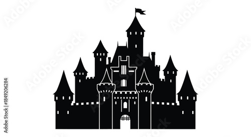 A striking black castle illustration with multiple towers and a prominent flag silhouette