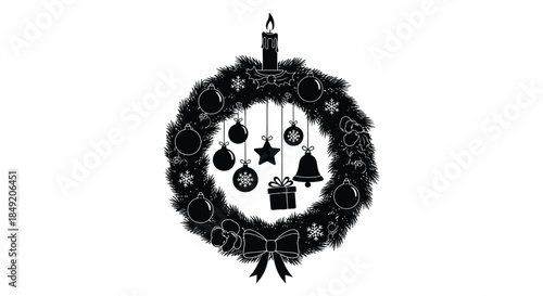 a festive christmas wreath adorned with ornaments and a lit candle a striking silhouette