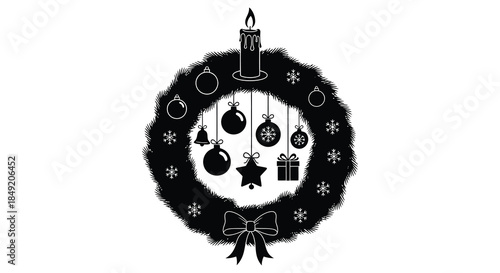 a festive christmas wreath with ornaments candle and gifts in a dark silhouette